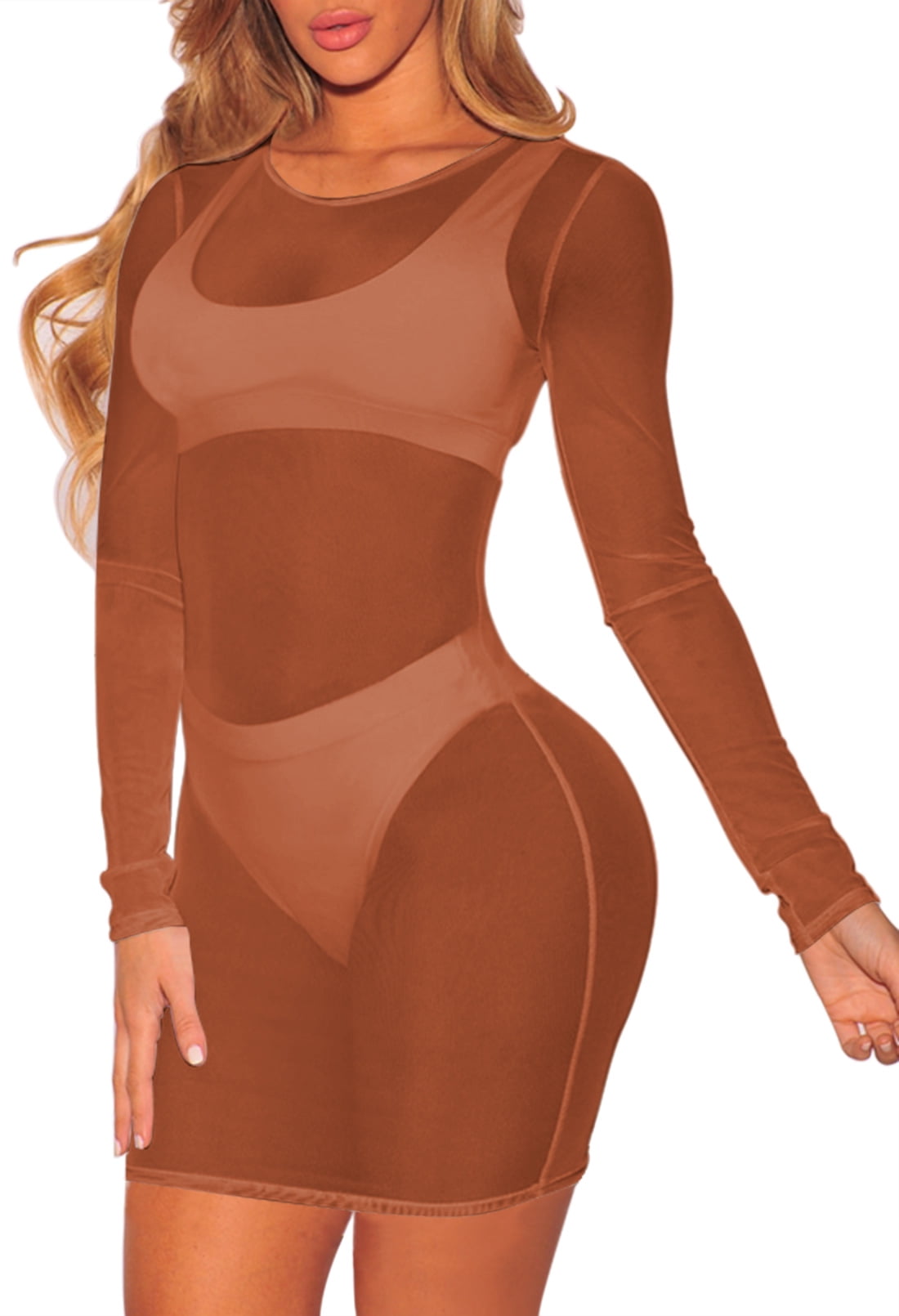 Pink Queen Women Long Sleeve Sheer Mesh See Through Bikini Swimsuit