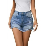 Pink Queen Women Summer Denim Shorts Mid Rise Ripped Faryed Hem Distressed Strectch Short Jeans S-2XL