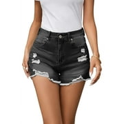 Pink Queen Women Summer Denim Shorts Mid Rise Ripped Faryed Hem Distressed Strectch Short Jeans S-2XL