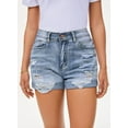 thumbnail image 1 of Pink Queen Women Summer Denim Shorts Mid Rise Ripped Faryed Hem Distressed Strectch Short Jeans S-2XL, 1 of 8