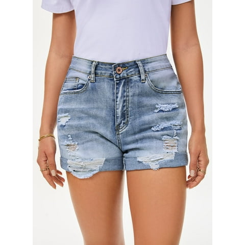 Women Summer Denim Shorts Mid Rise Ripped Faryed Hem Distressed Strectch Short Jeans S-2XL