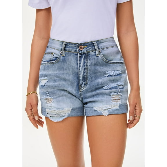 Pink Queen Women Summer Denim Shorts Mid Rise Ripped Faryed Hem Distressed Strectch Short Jeans S-2XL