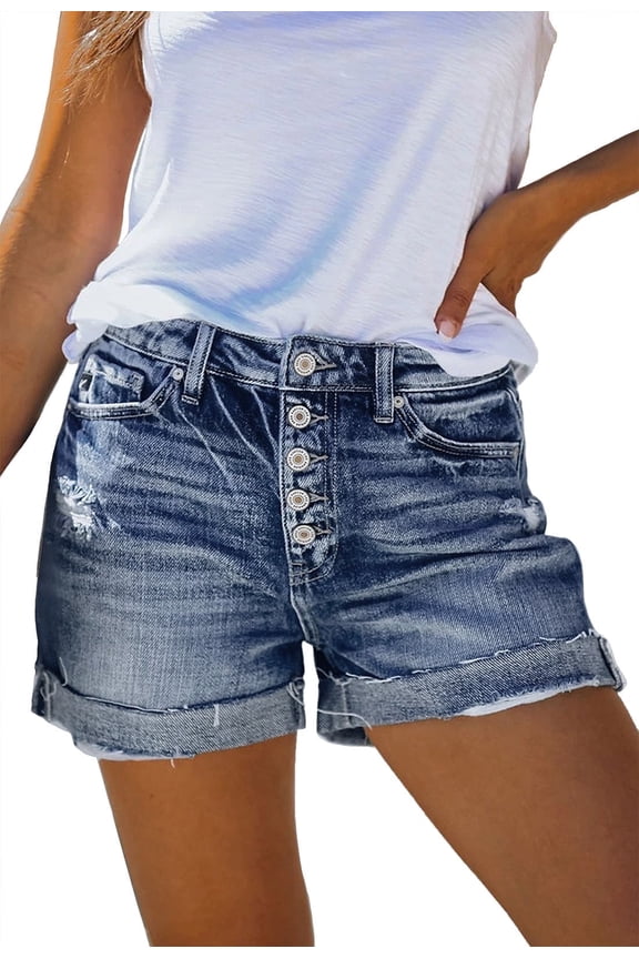 Women Summer Denim Shorts Mid Rise Ripped Faryed Hem Distressed Strectch Short Jeans S-2XL