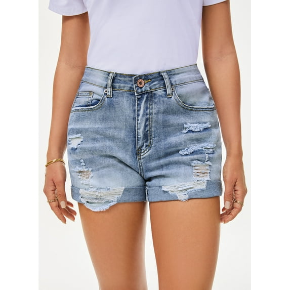 Pink Queen Women Summer Denim Shorts Mid Rise Ripped Faryed Hem Distressed Strectch Short Jeans S-2XL
