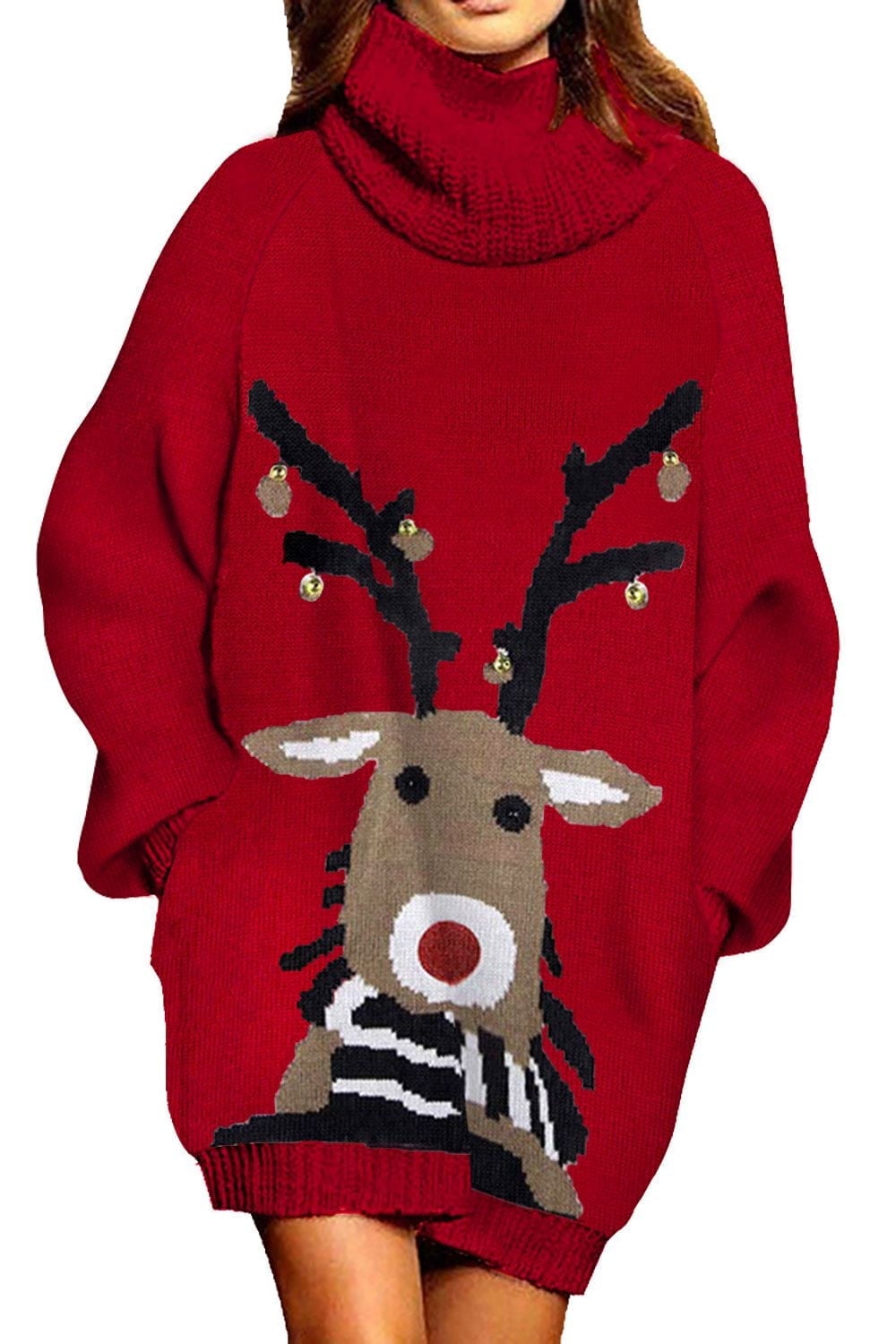 Flora Turtleneck Lantern Sleeve Printed Christmas Dress