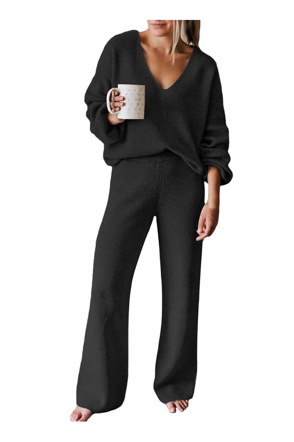 Women's 2 Piece Outfits Casual V Neck Knit Wide Leg Sweater Lounge Set Sweatsuit