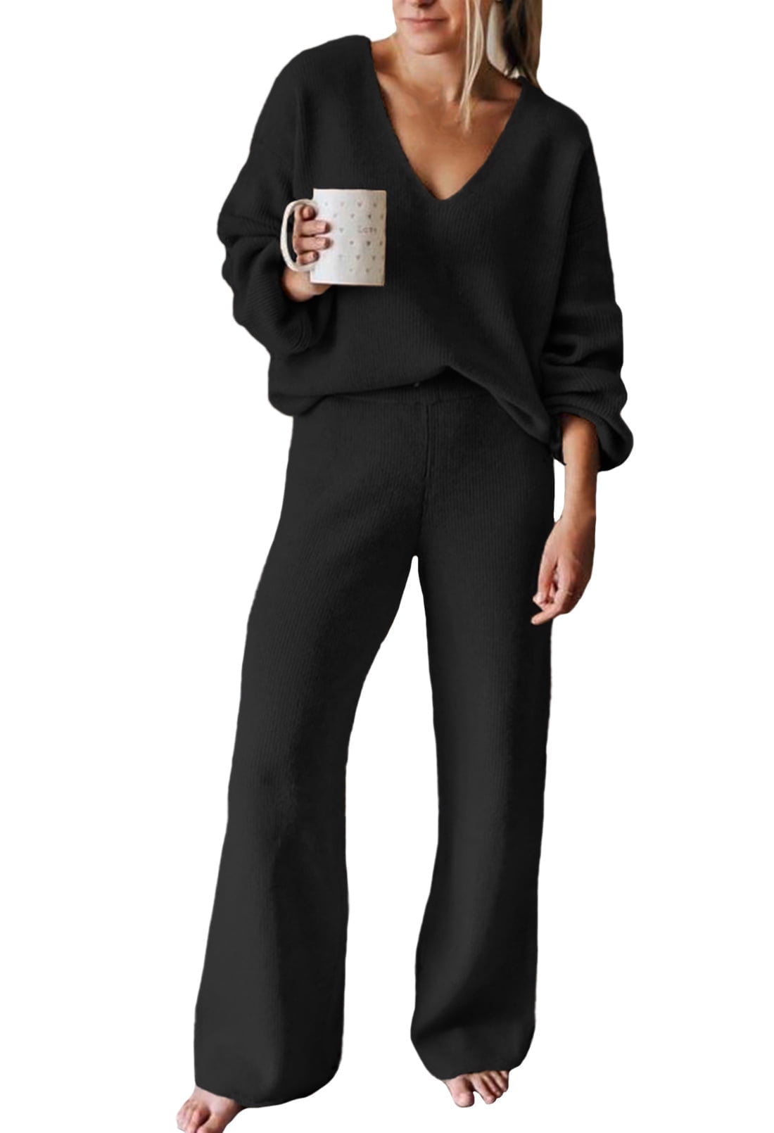 Pink Queen Women's 2 Piece Outfits Casual V Neck Knit Wide Leg Sweater Lounge Set Sweatsuit