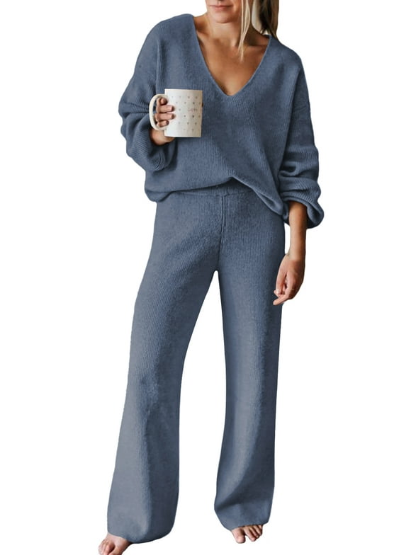 Women's 2 Piece Outfits Casual V Neck Knit Wide Leg Sweater Lounge Set Sweatsuit