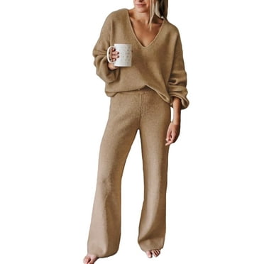 Pink Queen Women's 2 Piece Outfits Casual V Neck Knit Wide Leg Sweater Lounge Set Sweatsuit