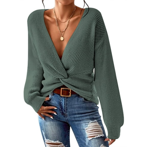 Pink Queen Spring Sweaters for Women 2026 Pullover Sexy V Neck Long Sleeve Twist Knot Cropped Knit Tops