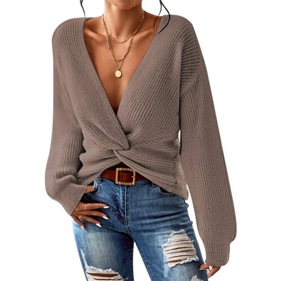 Pink Queen Spring Sweaters for Women 2026 Pullover Sexy V Neck Long Sleeve Twist Knot Cropped Knit Tops