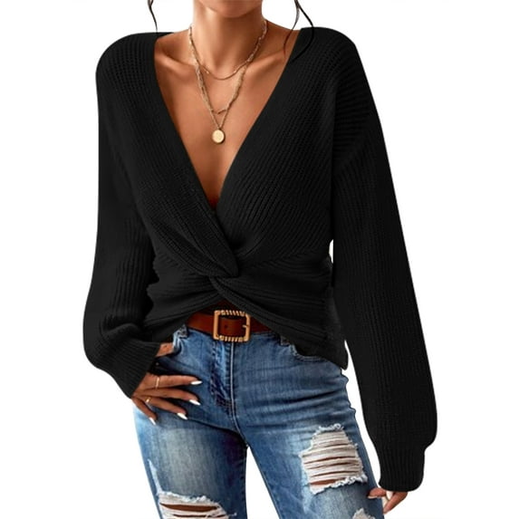 Pink Queen Fall Sweaters for Women 2025 Casual Pullover Sexy V Neck Long Sleeve Twist Knot Cropped Knit Sweater Tops