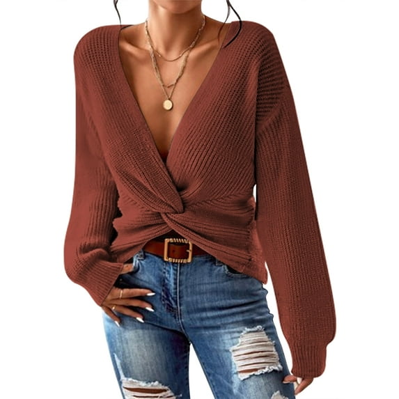 Pink Queen Spring Sweaters for Women 2026 Pullover Sexy V Neck Long Sleeve Twist Knot Cropped Knit Tops