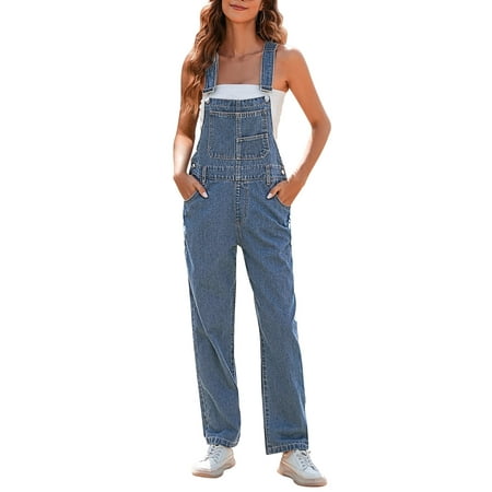 Pink Queen Women's Denim Bib Overalls, Light Blue, Size L