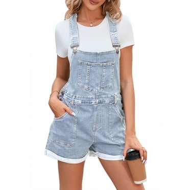Pink Queen Women's Denim Classic Adjustable Straps Cuffed Hem Bib Overalls Shortalls S-2XL