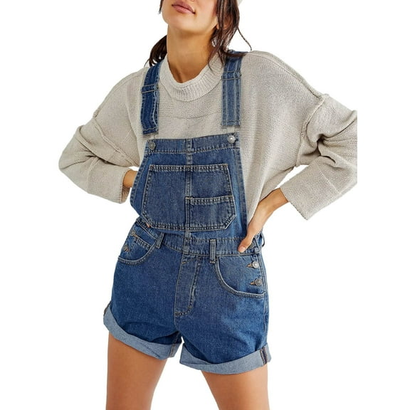 Pink Queen Women's Denim Classic Adjustable Straps Cuffed Hem Bib Overalls Shortalls S-2XL