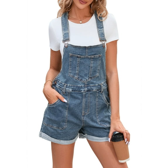 Pink Queen Women's Denim Classic Adjustable Straps Cuffed Hem Bib Overalls Shortalls S-2XL