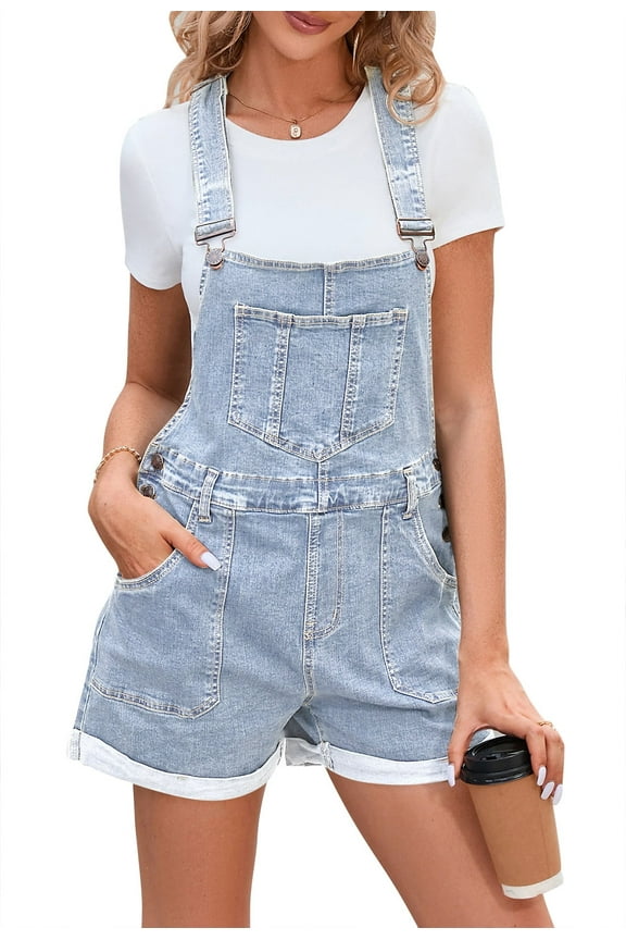 Women's Denim Classic Adjustable Straps Cuffed Hem Bib Overalls Shortalls S-2XL