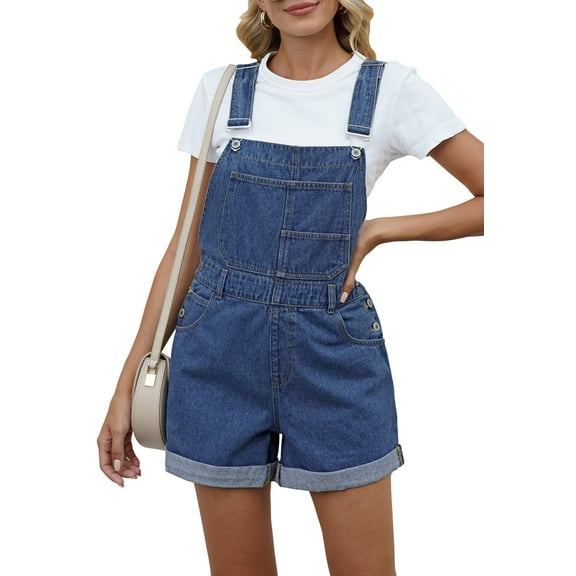 Pink Queen Women's Denim Classic Adjustable Straps Cuffed Hem Bib Overalls Shortalls S-2XL