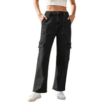 Pink Queen Women's High Waist Cargo Jeans Flap Pocket Wide Leg Denim Pants Black L