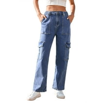 Pink Queen Women's High Waist Cargo Jeans Flap Pocket Wide Leg Denim Pants Dark Blue L