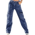 thumbnail image 1 of Pink Queen Women's High Waist Cargo Jeans Flap Pocket Wide Leg Denim Pants Dark Blue M, 1 of 7