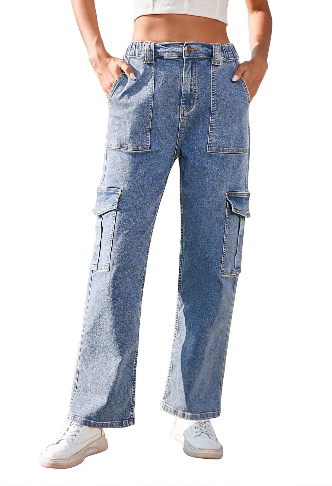Dyfzdhu Jeans For Women Cargo Pants Loose Low Waist Trousers Wide Leg Baggy  Jeans With Pockets Streetwear Punk Khaki L 