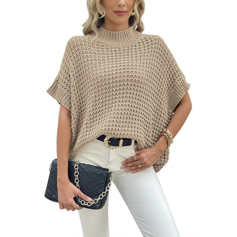 Pink Queen Women s Mock Neck Short Sleeve Loose Oversized Knit Pullover Sweater Jumper Tops S XL Walmart