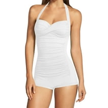 Pink Queen Women's One Piece Boyleg Ruched Swimsuit Push Up Tummy Control Swimwear Sexy Bathing Suit White XL