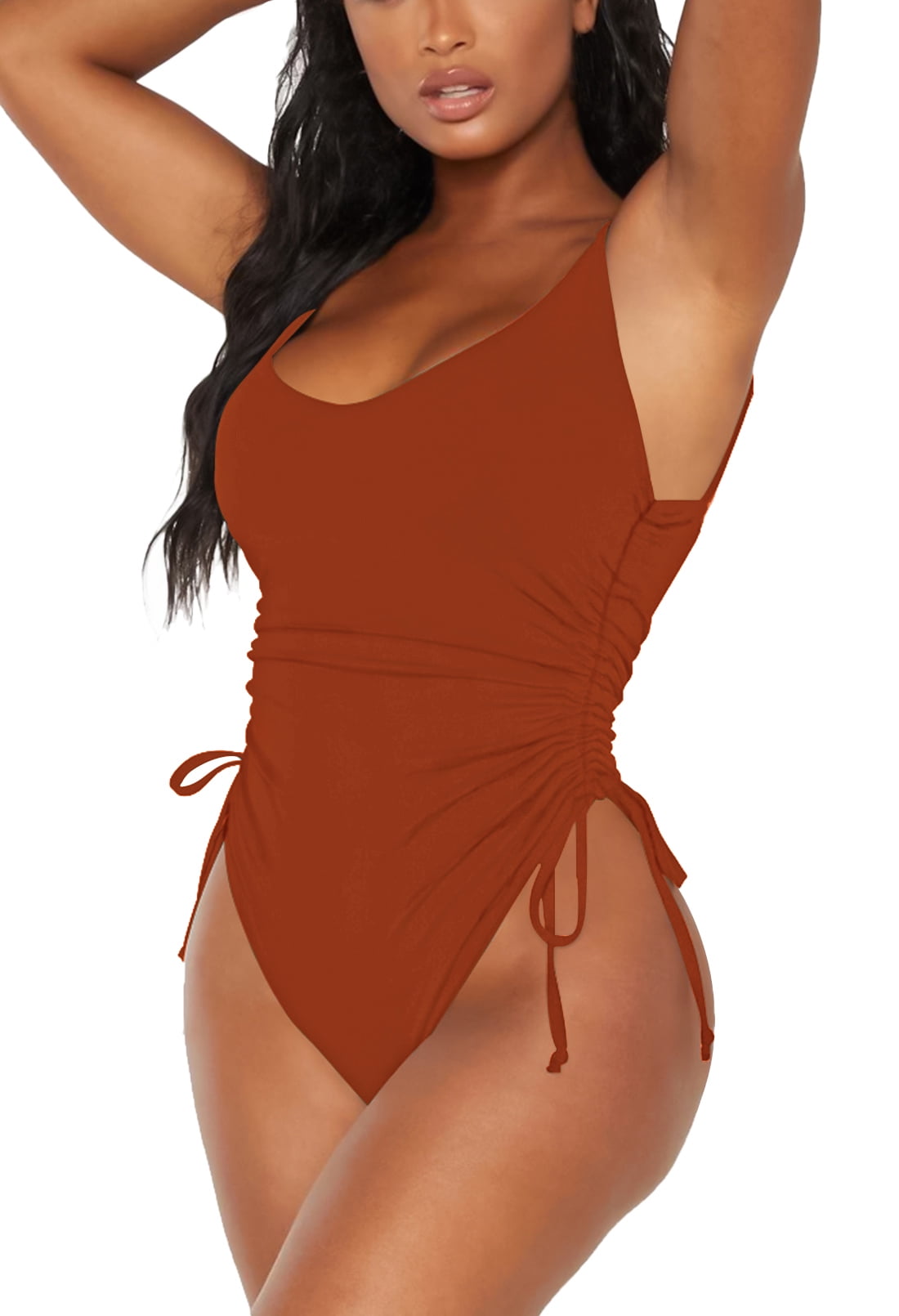Pink Queen Women s Ruched High Cut One Piece Swimsuit Tummy Control Monokini Bikini 02 burnt Orange L