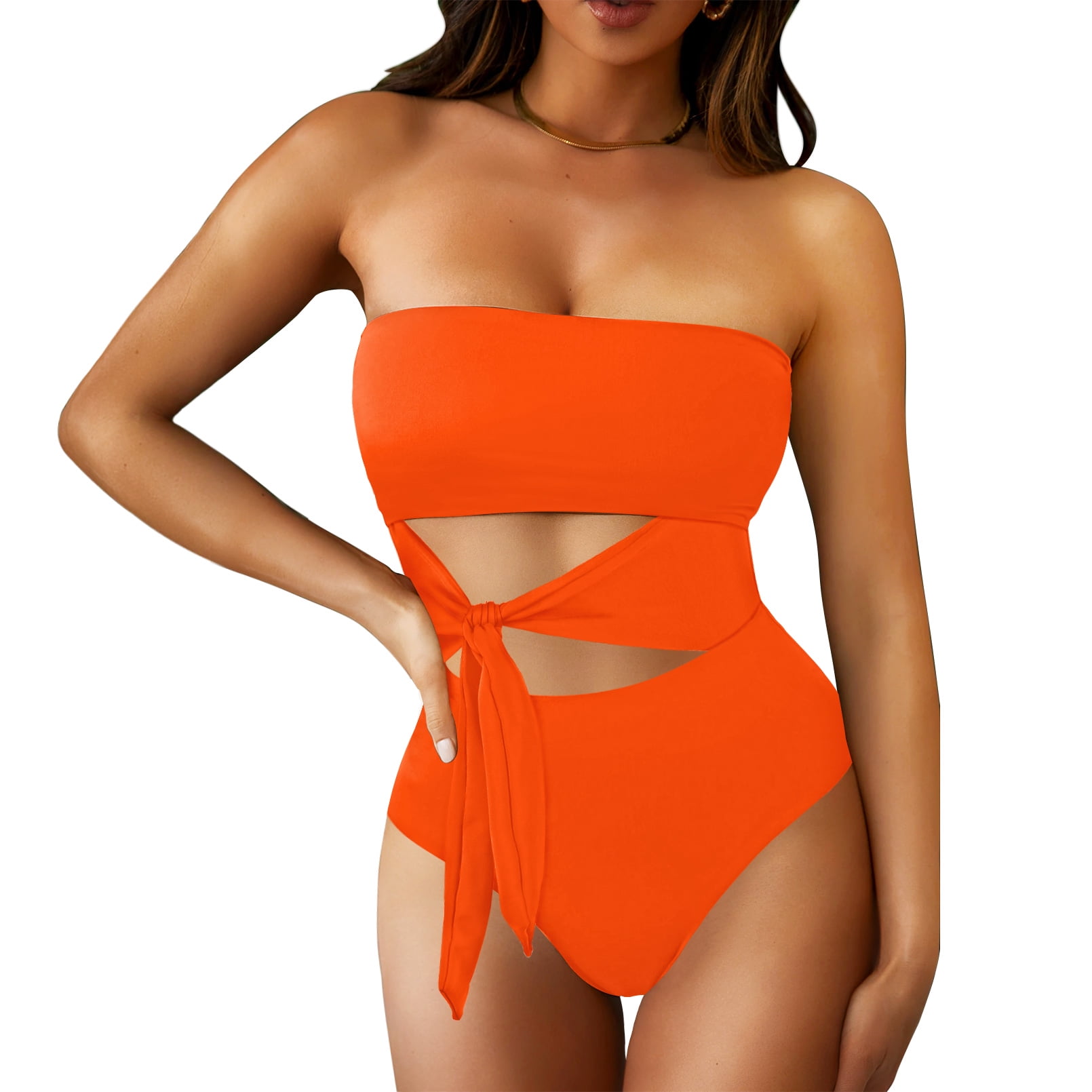 Orange strapless store one piece swimsuit