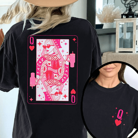 Pink Queen of Hearts Playing Card Front Back Graphic Tees Print Tshirt Women Shirts Black S-5XL Cotton Casual Tops