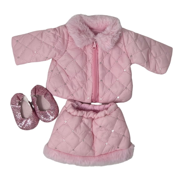 Pink Quilted Coat & Skirt Set for 18 Inch Dolls Fur Trim Jacket, Sequin Fabric, Glitter Shoes Outfit