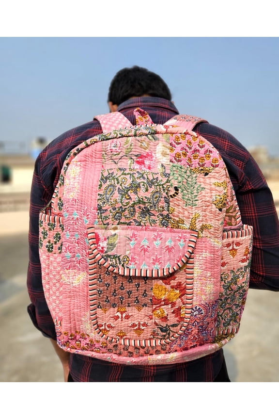 Pink Quilted Cotton Backpack, Floral Patchwork, Boho School Bag