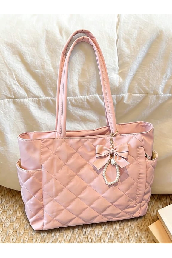 Pink Quilted Dual-Handle Tote Bag With Pearl Bow Charm, Large Capacity