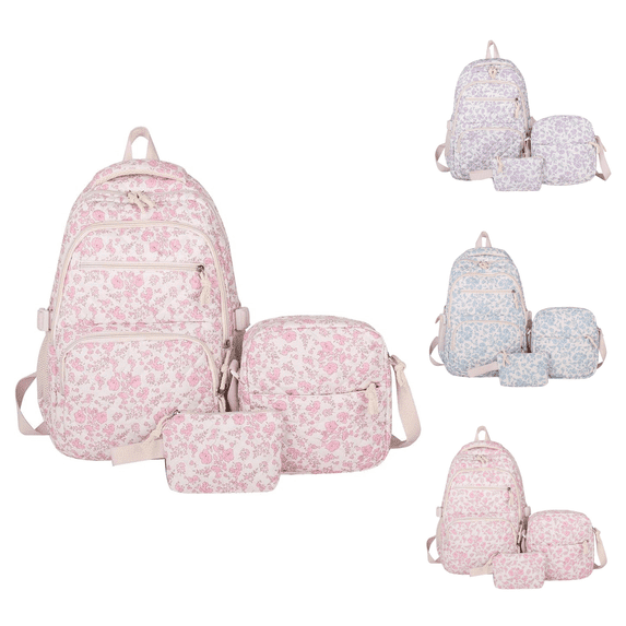 Pink Quilted Floral Backpack Set School Backpack for Elementary Middle High School Fashion Student Bag Cute Aesthetic Teen Bookbag for Teens Women