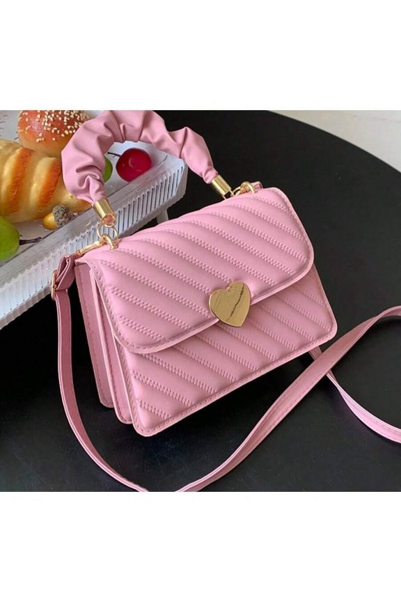 Pink Quilted Heart Clasp Top Handle Crossbody Bag Mini