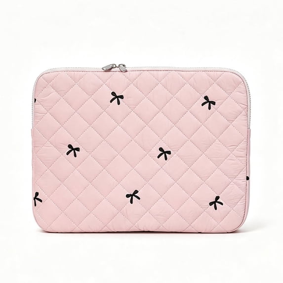 Pink Quilted Laptop Sleeve Bag with Bow Detail Medium Size