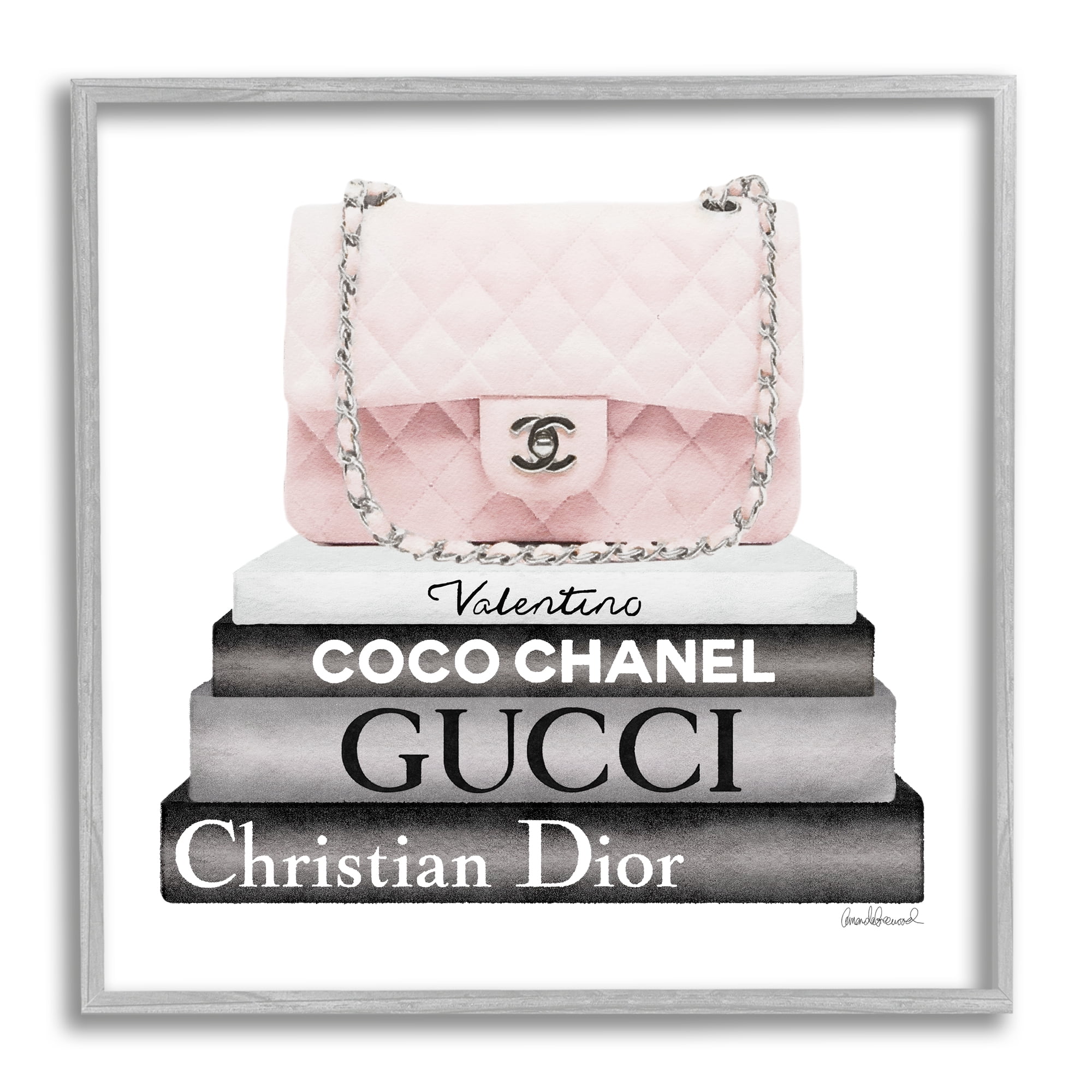 Pink Quilted Purse on Modern Chic Bookstack Beauty & Fashion Framed Art Print Wall Art, 17x17