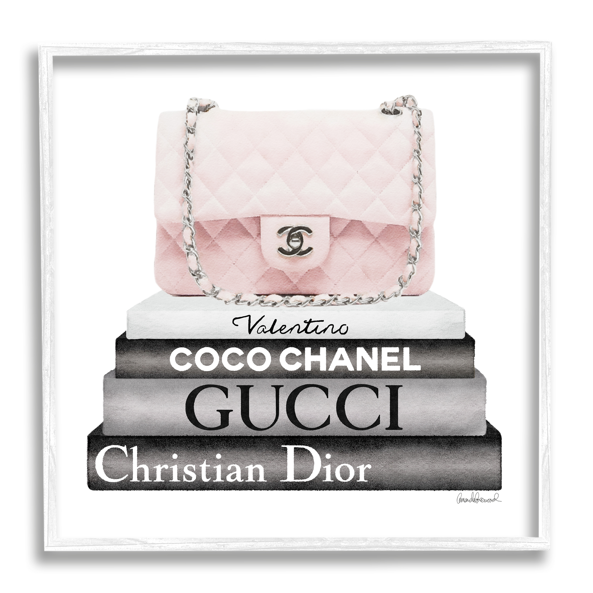 Pink Quilted Purse on Modern Chic Bookstack Beauty & Fashion Framed Art Print Wall Art, 17x17
