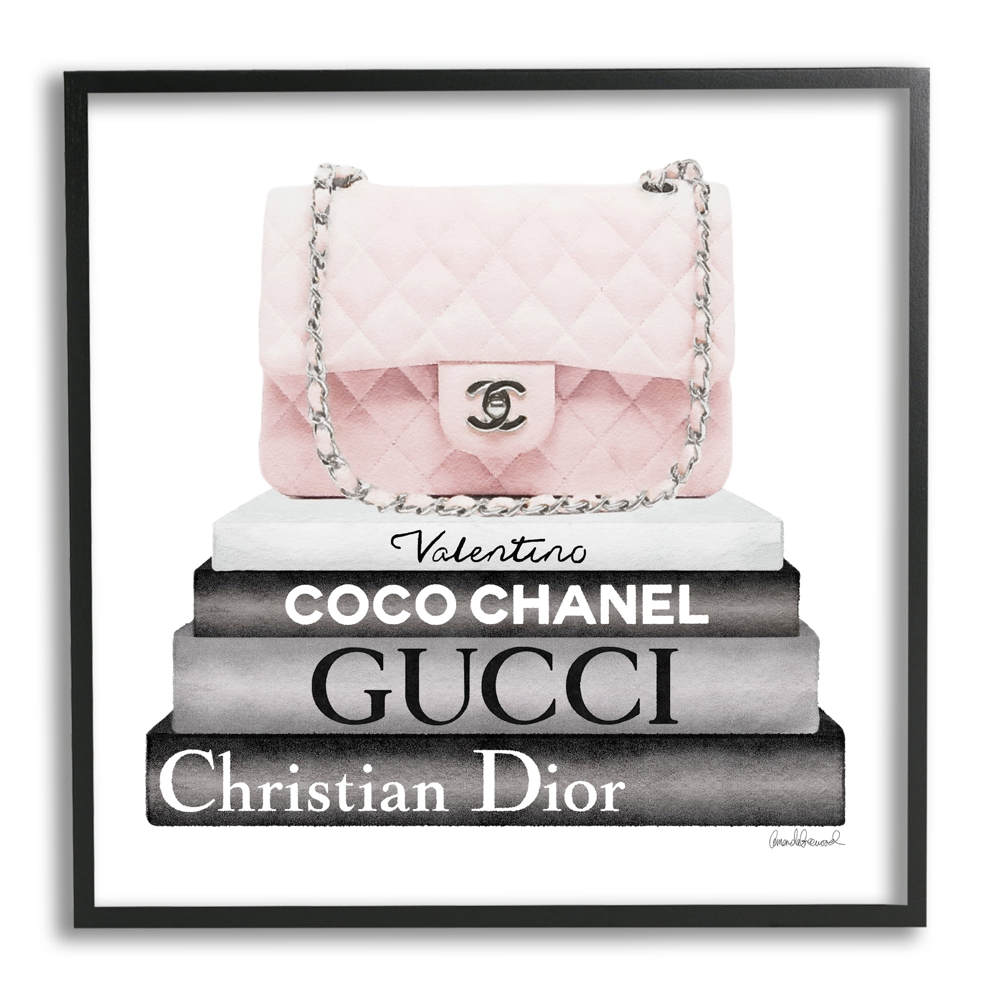 Pink Quilted Purse on Modern Chic Bookstack Beauty & Fashion Framed Art Print Wall Art, 17x17
