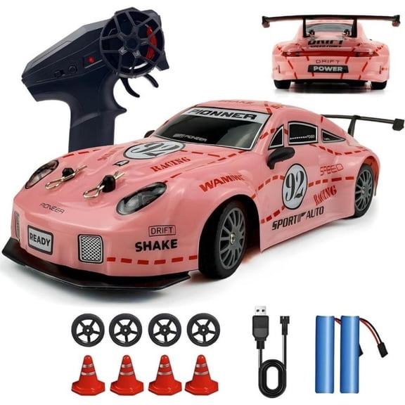 Pink RC Drift Car , 1:24 Scale 4WD High Speed Remote Control Car with 2.4GHz, LED Lights & 2 Batteries, Racing Toy Christmas game