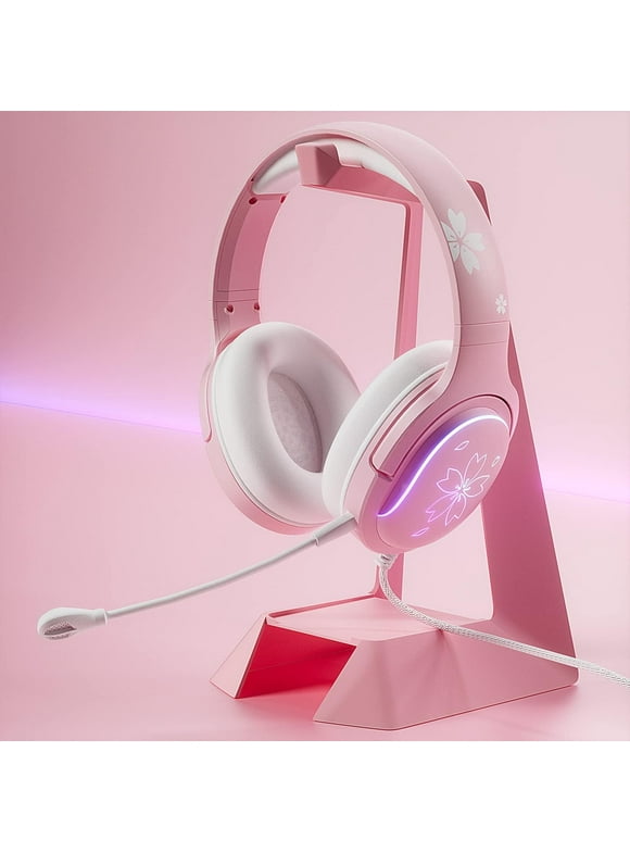 Pink RGB Gaming Headset for PS4 PS5 Xbox PC MAC Switch, Mytrix Wired Gaming Headphones with Mic, Gradient Light Effect, Soft Memory Earmuffs
