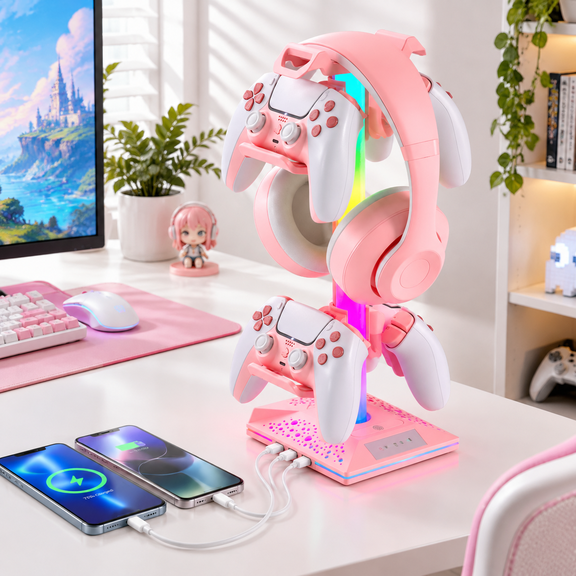 Pink RGB Stand with USB Ports, 10 Light Modes, Non-Slip Desk Accessory