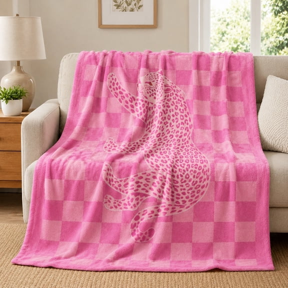 Pink Rabbit Checkered Fleece Blanket, 280gsm Polyester Throw Blanket, Soft 3D Print Sofa Bed Blanket, Multiple Sizes