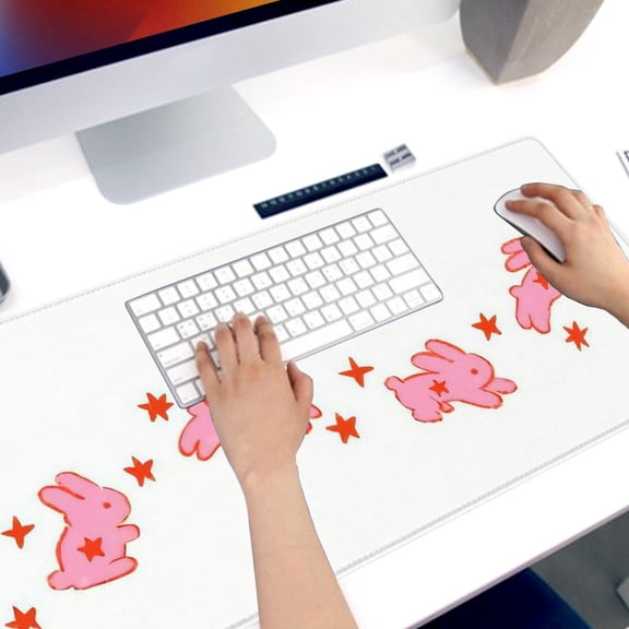 Pink Rabbit & Star Mouse Pad - 31.5"x11.8 Inch Rubber Non-Slip Desk Mat, Soft Ergonomic Stitched Surface for Esports & Office, Oblong Cartoon Design
