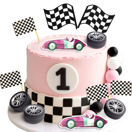 Pink Race Car Cake Decorations Set - Sweet Sporty Party Toppers