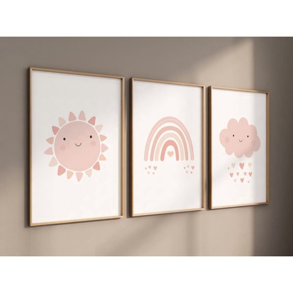 Pink Rainbow Blush Sun And Cloud Nursery Wall Art Prints, Nursery And Gallery Wall Decor