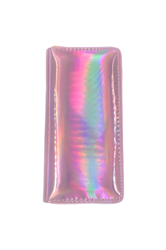 Pink Rainbow Laser Design Wallet, Long Iridescent PU Leather Clutch with Zipper, Slim Card Holder Purse for Women, 7.5 x 3.9 x 0.9 in / 19 x 10 x 2.3 cm