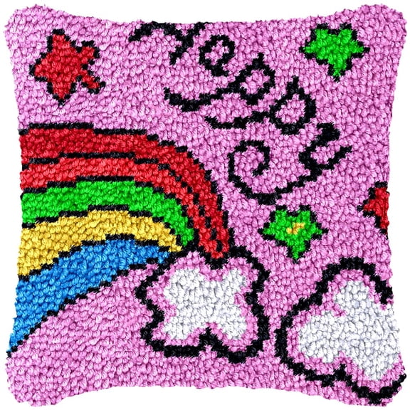 Pink Rainbow Latch Hook Kits Pillow Cover DIY Rug Making Crochet Hook Cushion Making Kits with Preprinted Pattern Canvas DIY Needlework Crochet Kits Sofa Decor 43x43cm